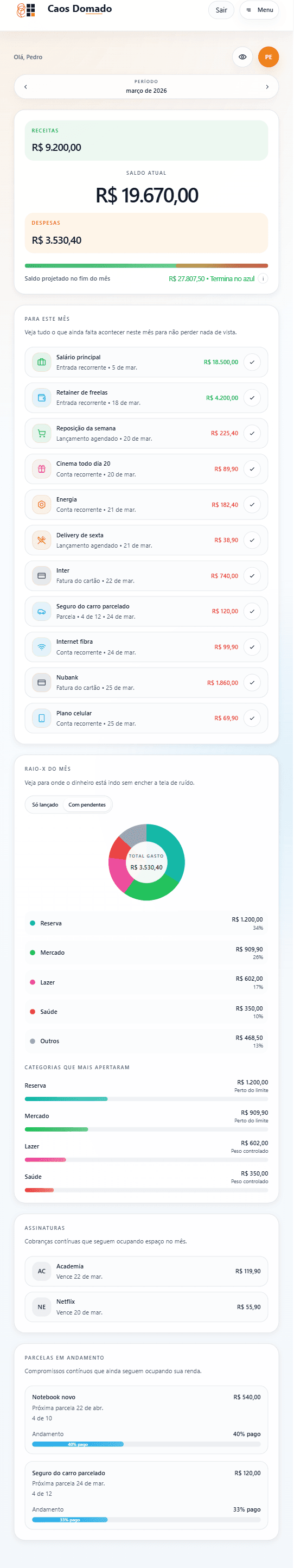 Prévia desktop da visão geral do app